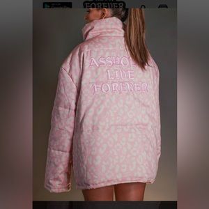assholes live forever pink leopard heavyweight puffer jacket (linda fine gold)